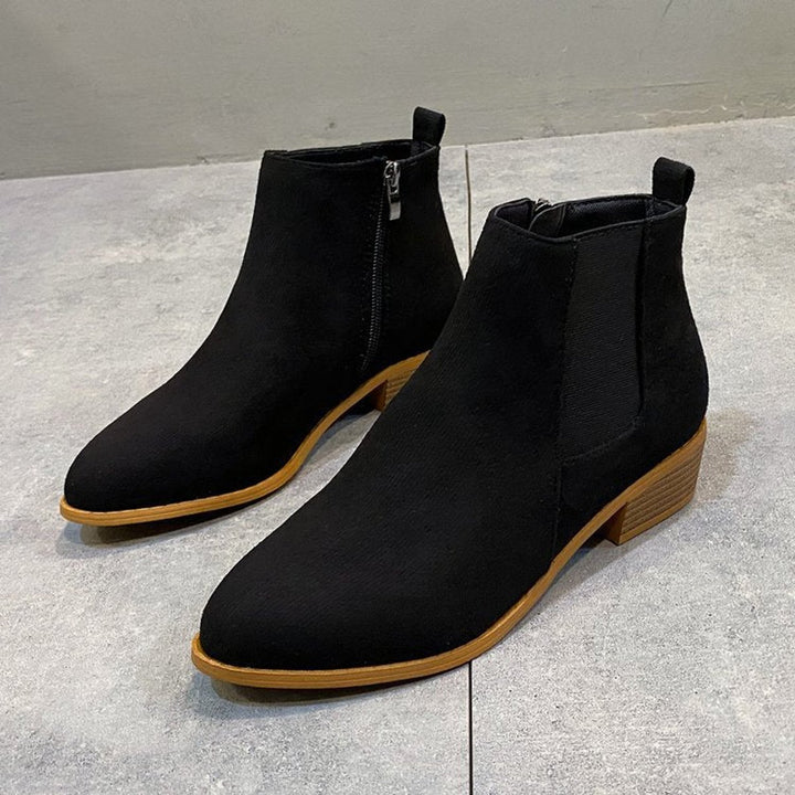 Women's Suede Pointed-Toe Block-Heel Zip Ankle Boots