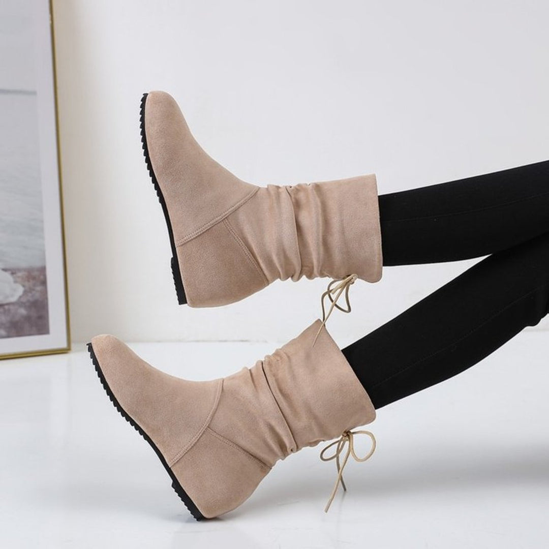 Women's Suede Ruched Flat Ankle Boots Back-Lace-Up