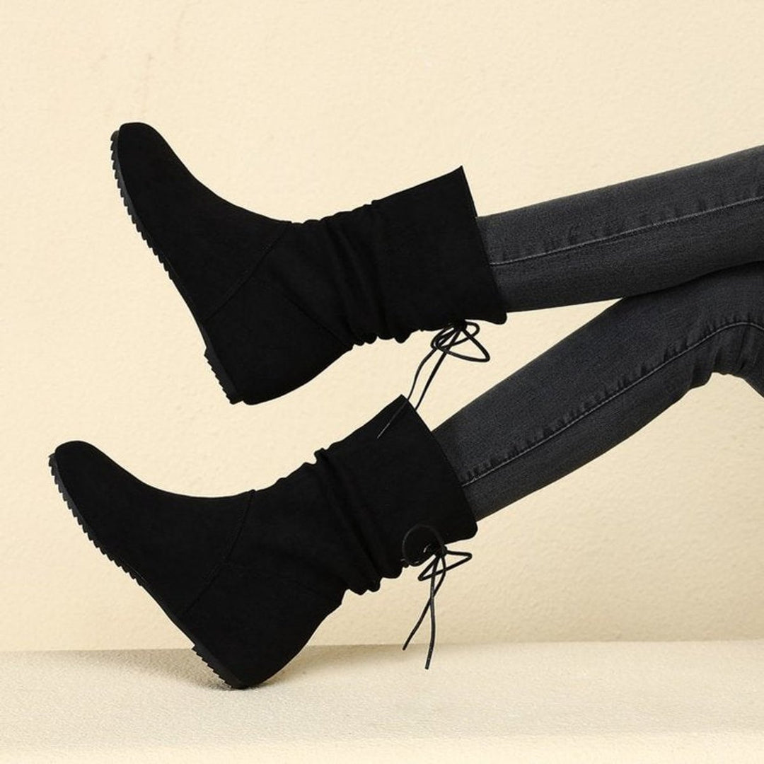 Women's Suede Ruched Flat Ankle Boots Back-Lace-Up