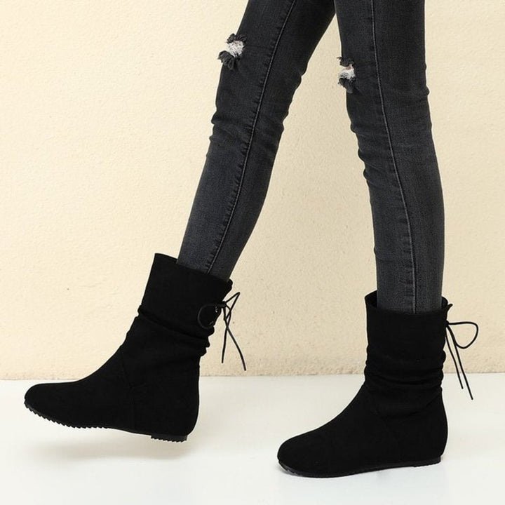 Women's Suede Ruched Flat Ankle Boots Back-Lace-Up