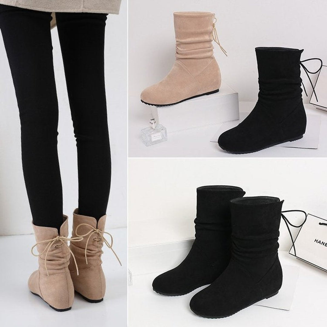 Women's Suede Ruched Flat Ankle Boots Back-Lace-Up