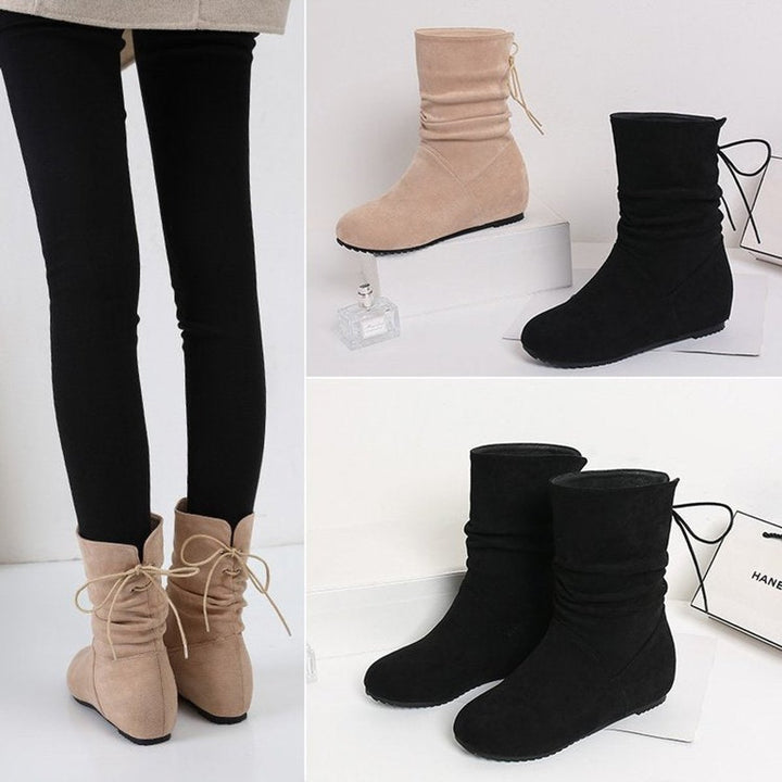 Women's Suede Ruched Flat Ankle Boots Back-Lace-Up