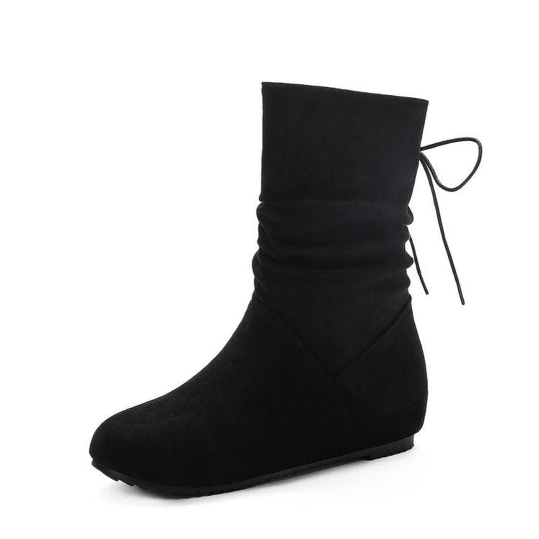 Women's Suede Ruched Flat Ankle Boots Back-Lace-Up