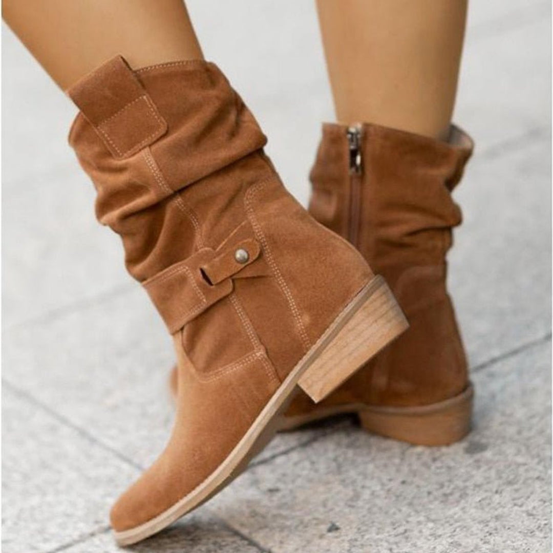 Women's Suede Slouchy Block-Heel Ankle Boots Buckle Strap
