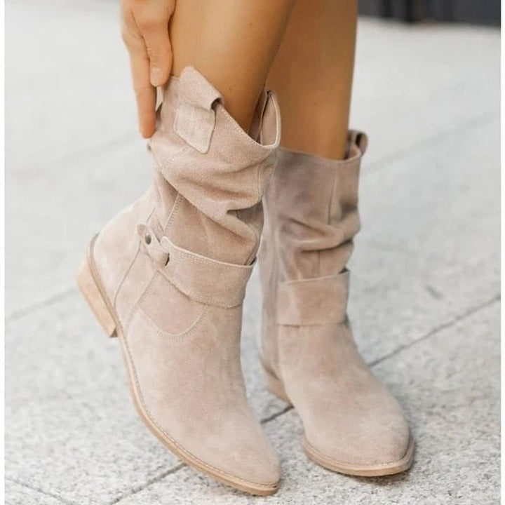 Women's Suede Slouchy Block-Heel Ankle Boots Buckle Strap