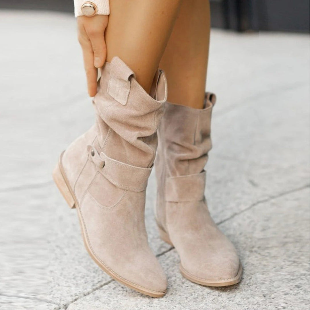 Women's Suede Slouchy Mid-Calf Ankle Boots Flat Buckle Strap