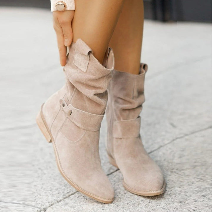 Women's Suede Slouchy Mid-Calf Ankle Boots Flat Buckle Strap