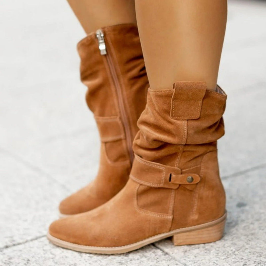 Women's Suede Slouchy Mid-Calf Ankle Boots Flat Buckle Strap
