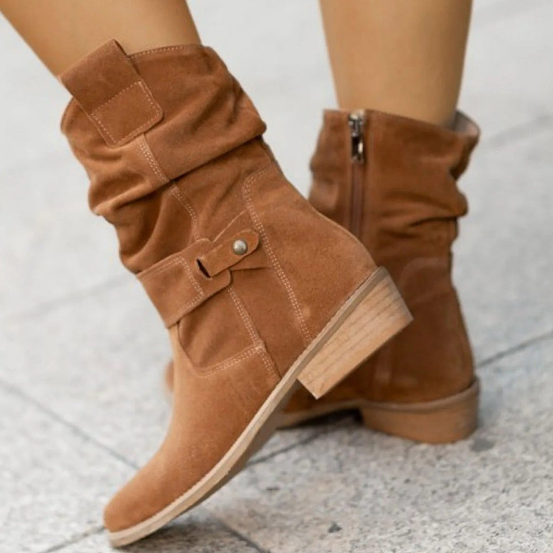 Women's Suede Slouchy Mid-Calf Ankle Boots Flat Buckle Strap