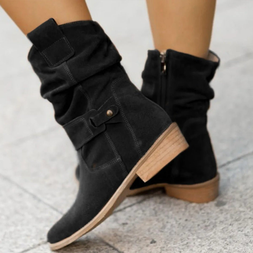 Women's Suede Slouchy Mid-Calf Ankle Boots Flat Buckle Strap