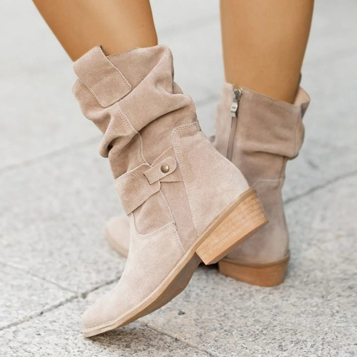 Women's Suede Slouchy Mid-Calf Ankle Boots Flat Buckle Strap