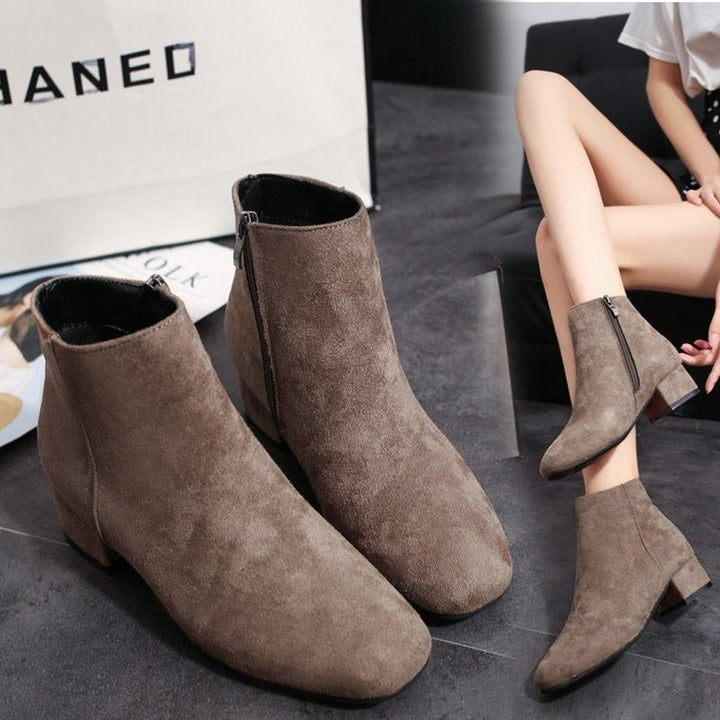 Women's Suede Square-Toe Block-Heel Ankle Boots