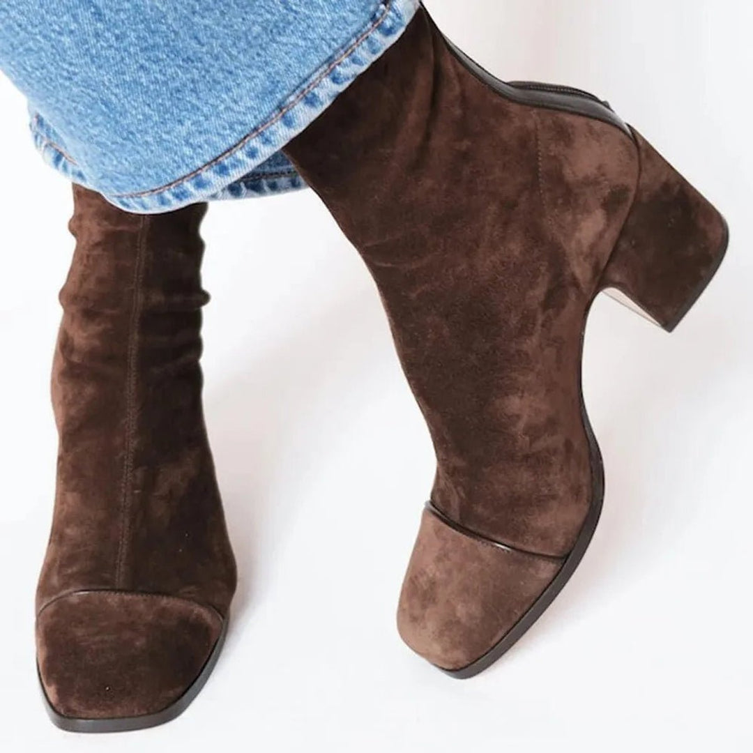 Women's Suede Square-Toe Block-Heel Mid-Calf Boots