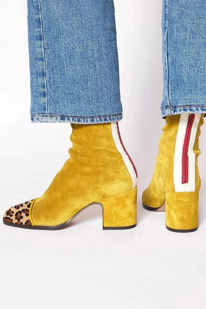 Women's Suede Square-Toe Block-Heel Mid-Calf Boots