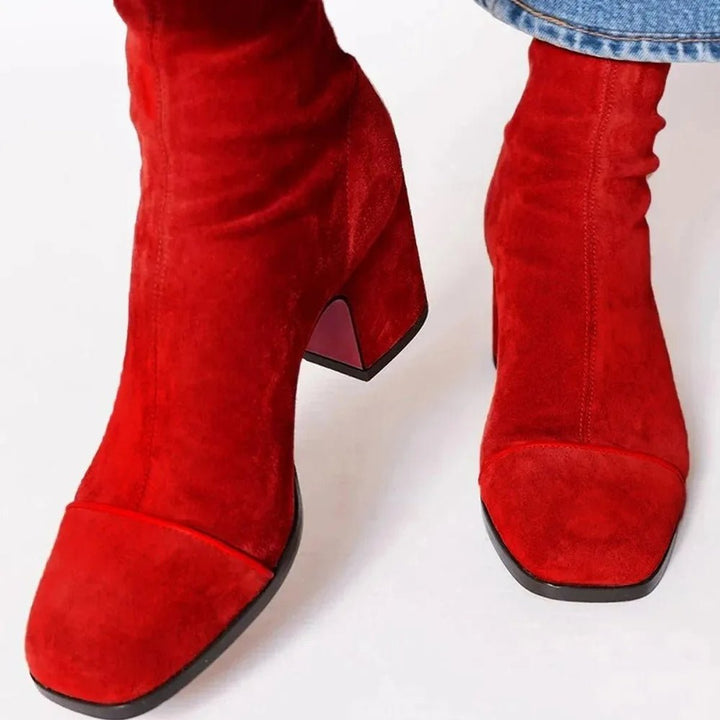 Women's Suede Square-Toe Block-Heel Mid-Calf Boots