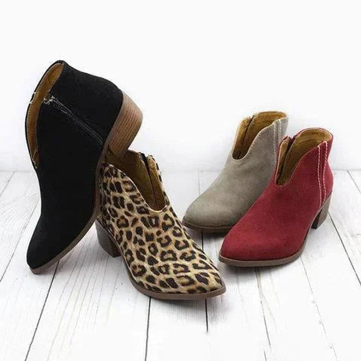 Women's Suede V-Cut Low Block Heel Zip Ankle Boots
