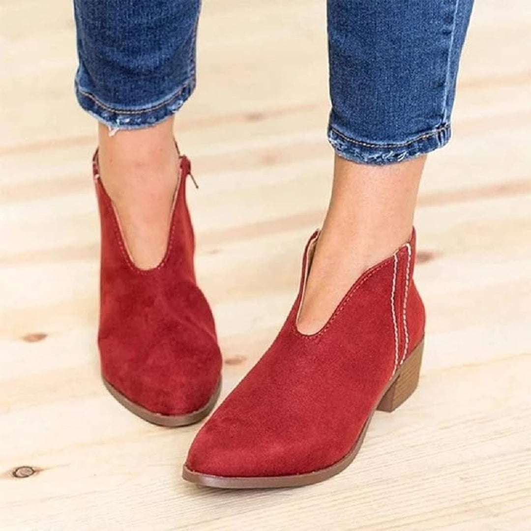 Women's Suede V-Cut Low Block Heel Zip Ankle Boots