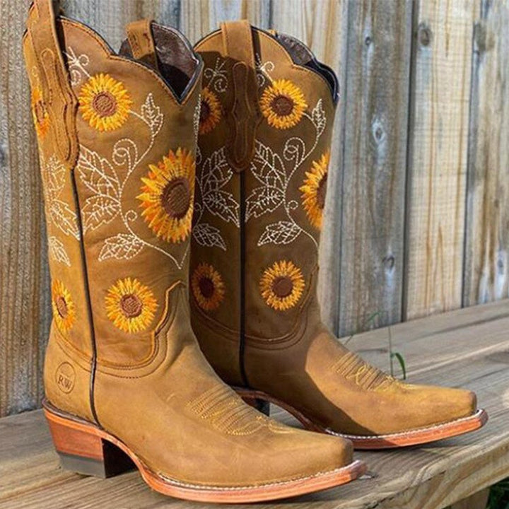 Women's Sunflower Embroidered Western Cowboy Boots