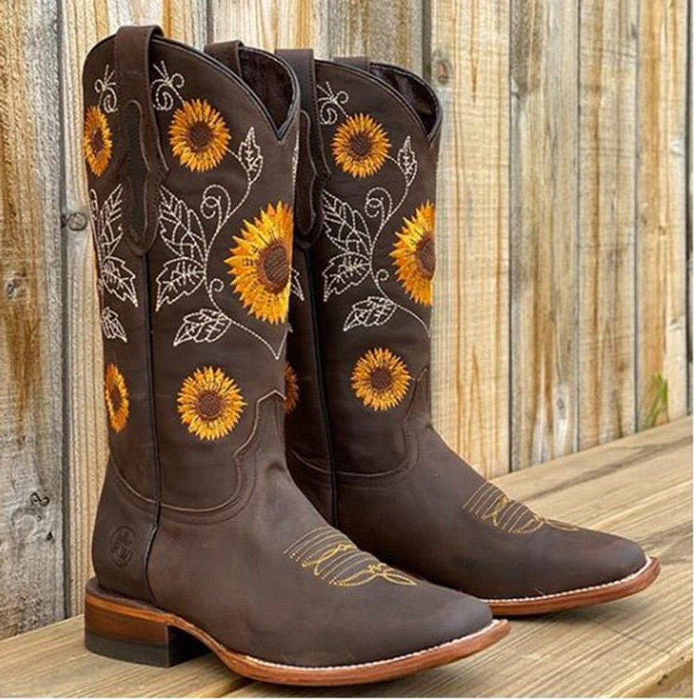 Women's Sunflower Embroidered Western Cowboy Boots
