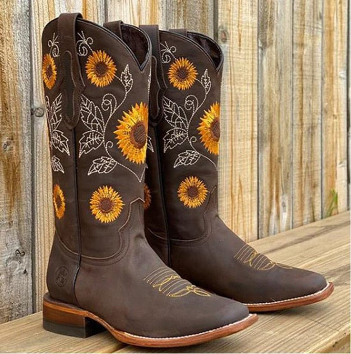 Women's Sunflower Embroidered Western Cowboy Boots