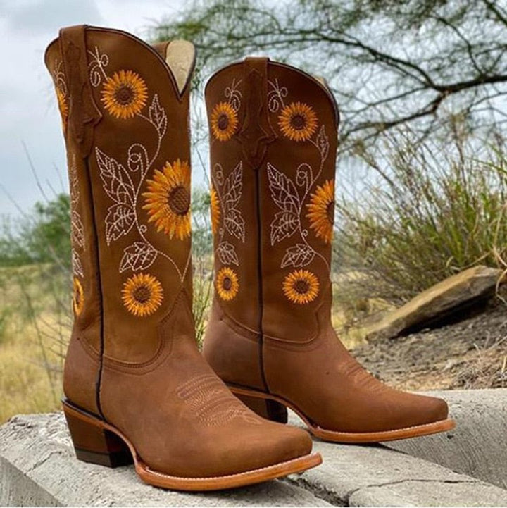 Women's Sunflower Embroidered Western Cowboy Boots
