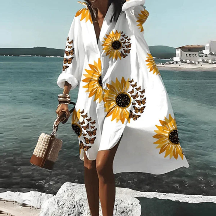 Women's Sunflower Print Long Sleeve Fall Midi Dress