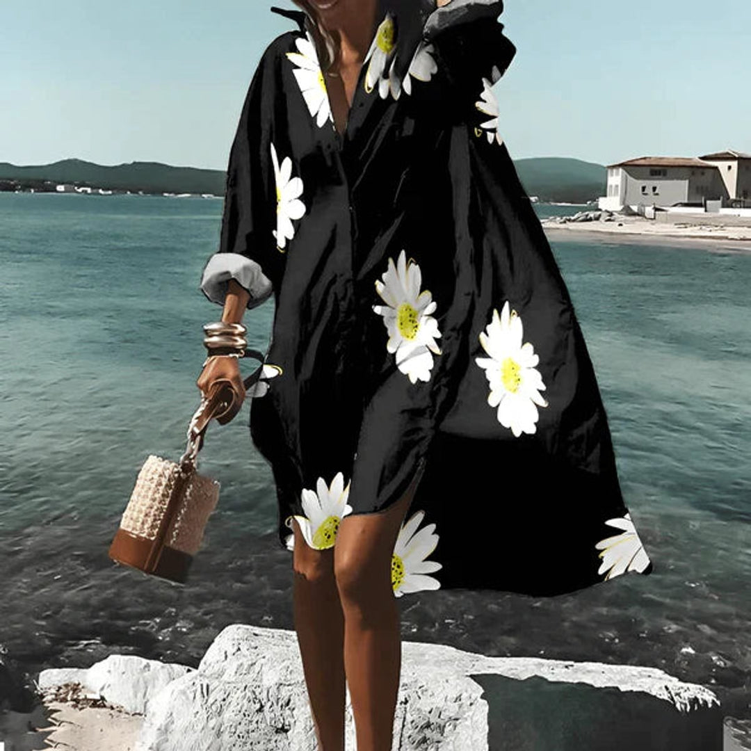 Women's Sunflower Print Long Sleeve Fall Midi Dress