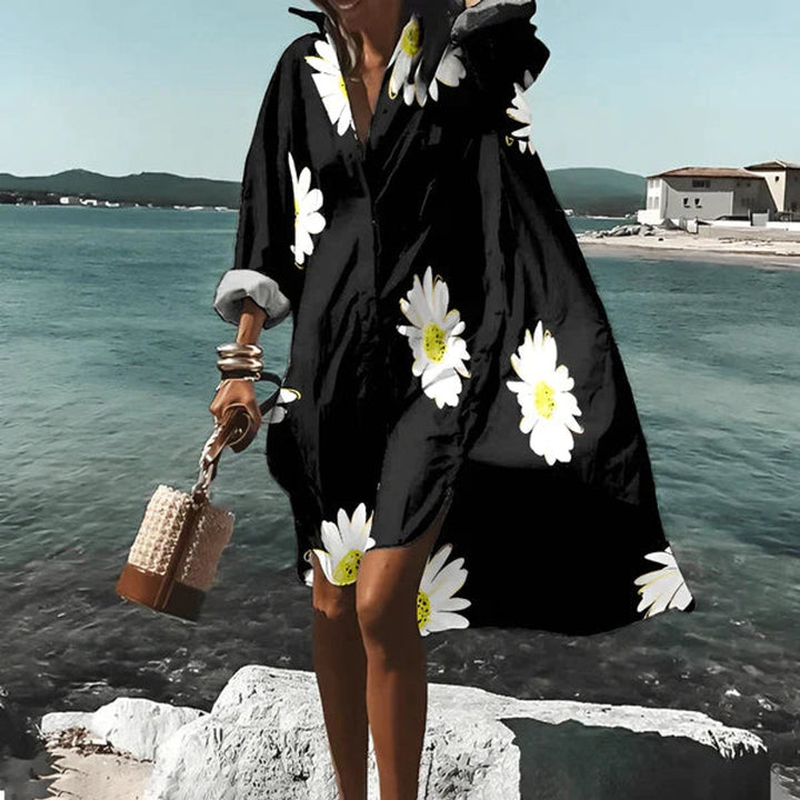 Women's Sunflower Print Long Sleeve Fall Midi Dress