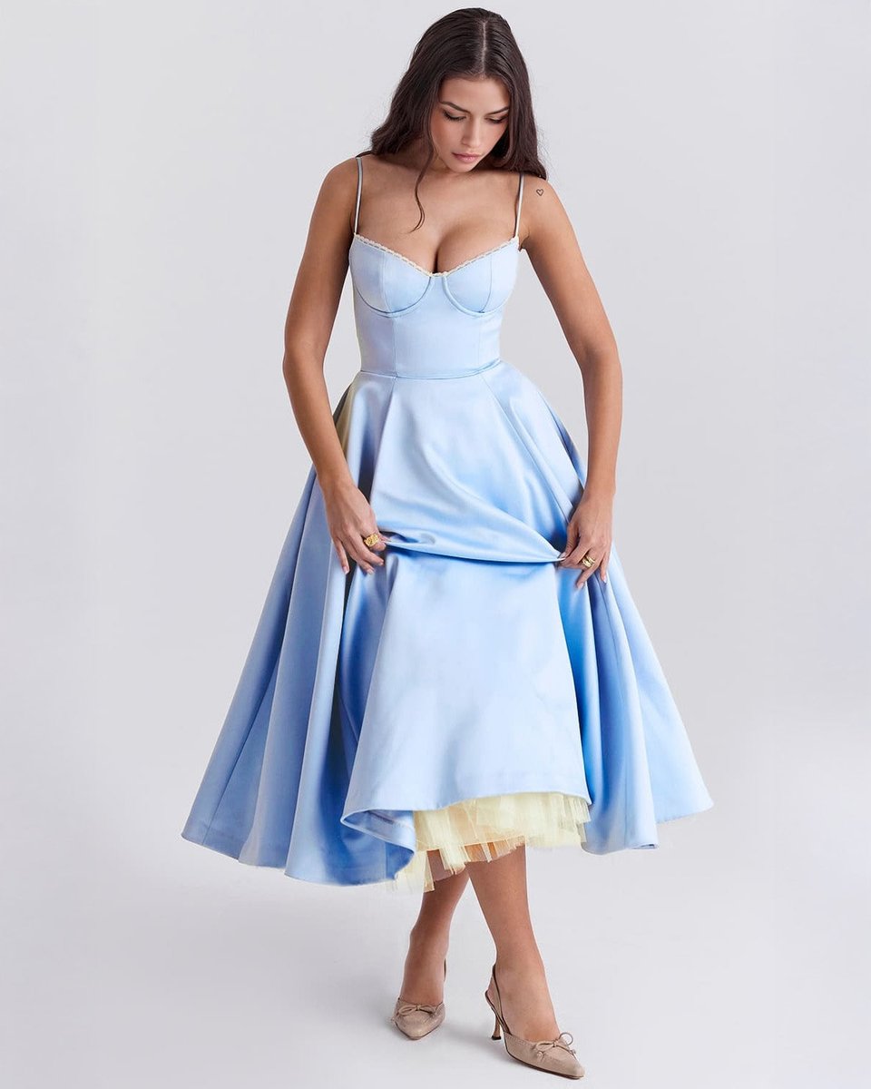 Women's Sweetheart Corset Bodice Tulle Midi Formal Dress