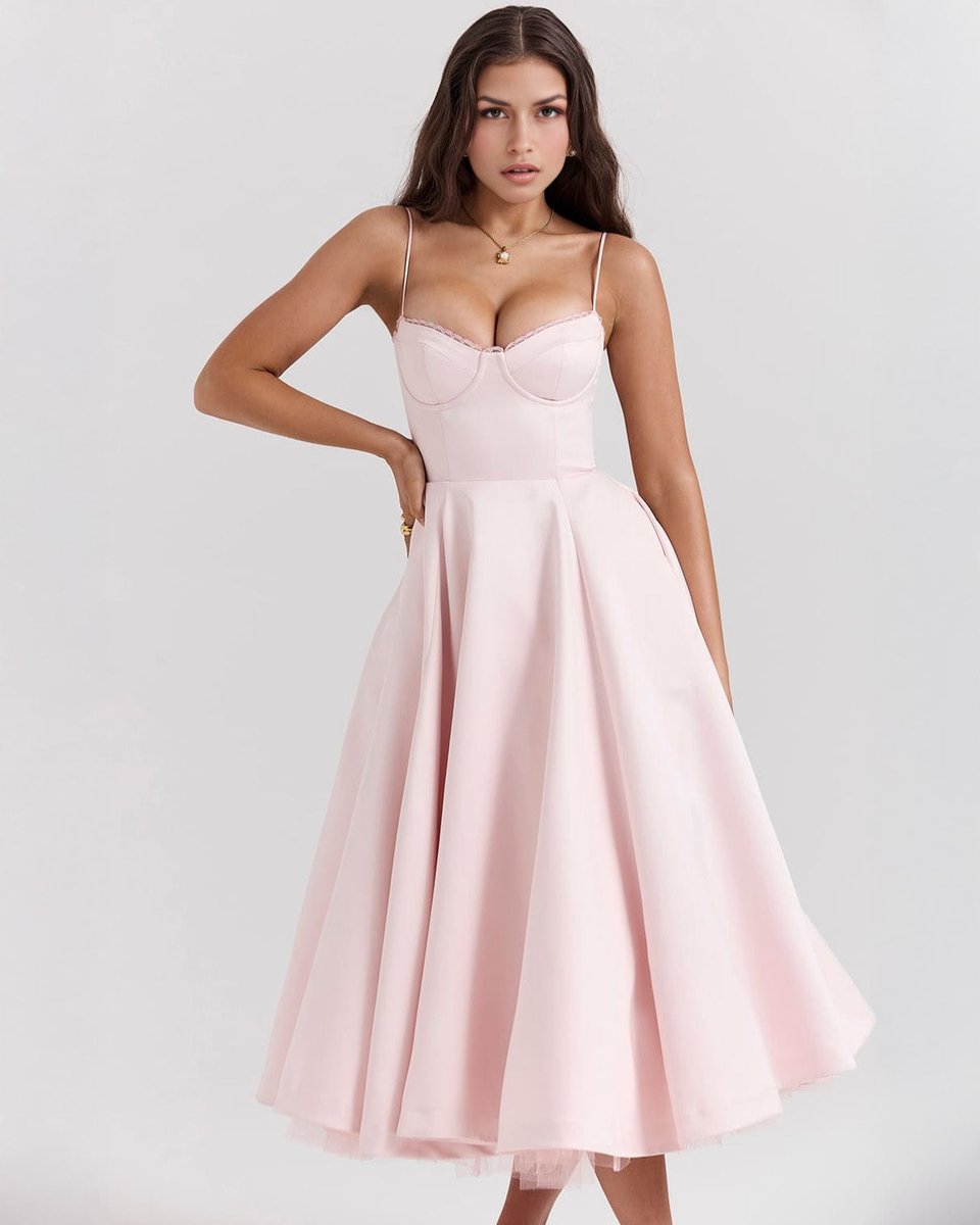 Women's Sweetheart Corset Bodice Tulle Midi Formal Dress