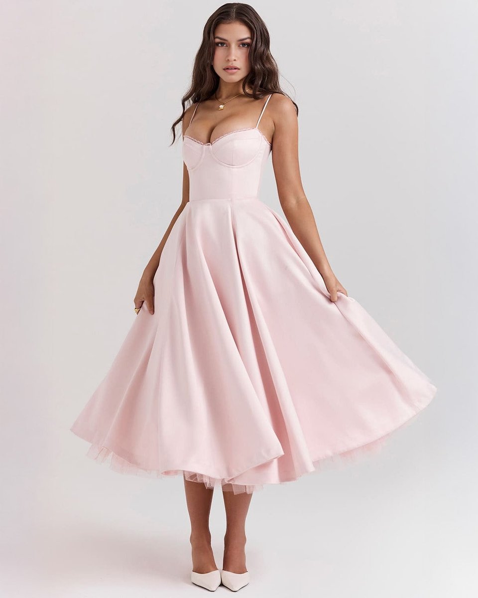 Women's Sweetheart Corset Bodice Tulle Midi Formal Dress