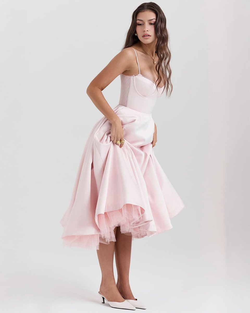 Women's Sweetheart Corset Bodice Tulle Midi Formal Dress