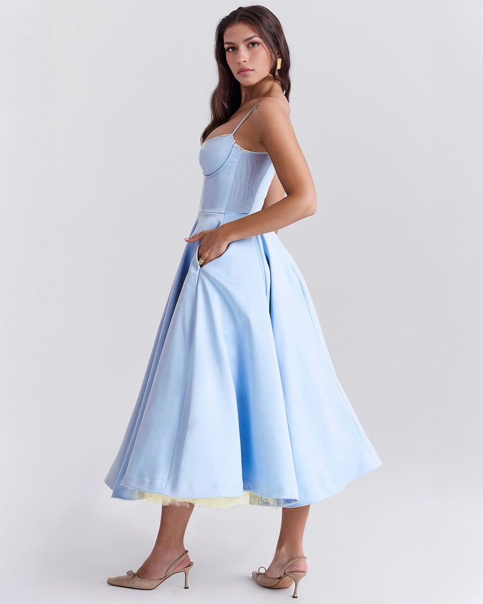Women's Sweetheart Corset Bodice Tulle Midi Formal Dress