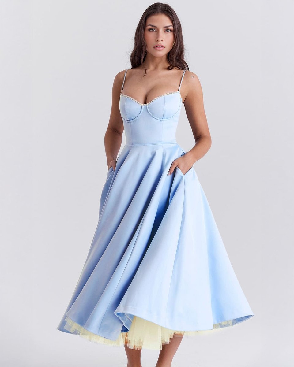 Women's Sweetheart Corset Bodice Tulle Midi Formal Dress