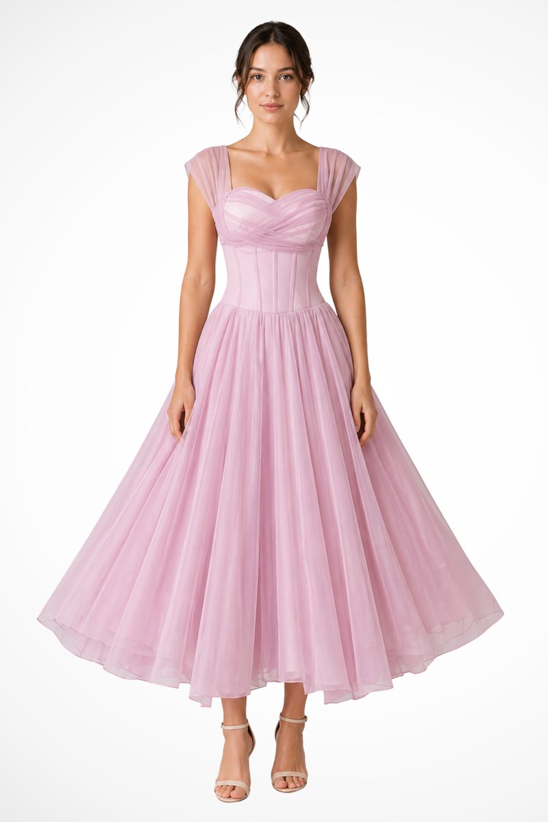 Women's Sweetheart Corset Tulle A-Line Midi Formal Dress
