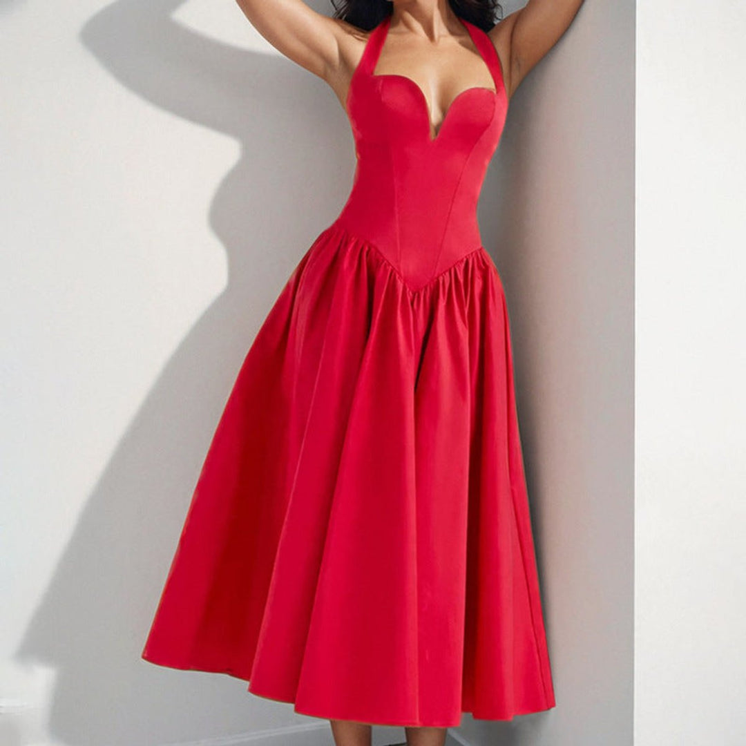 Women's Sweetheart Halter-Neck Full-Skirt Fall Midi Dress