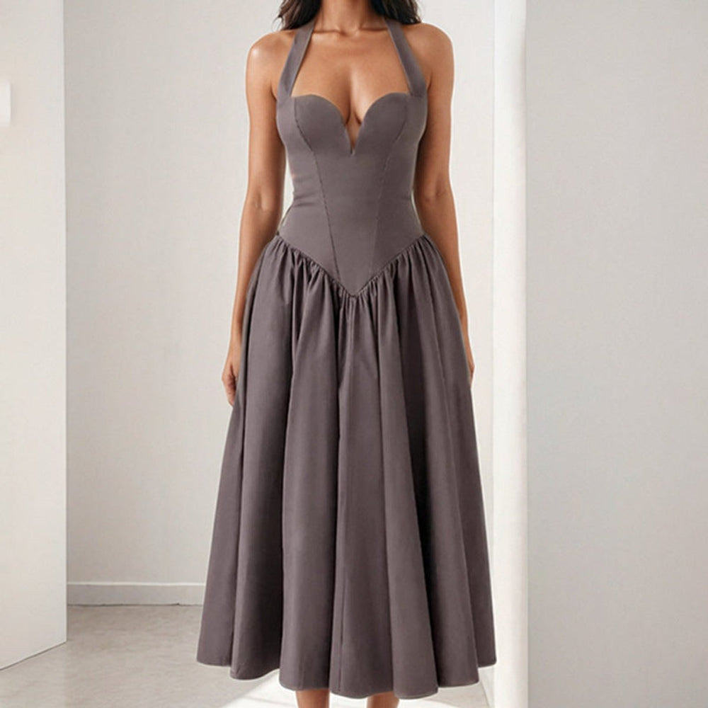 Women's Sweetheart Halter-Neck Full-Skirt Fall Midi Dress