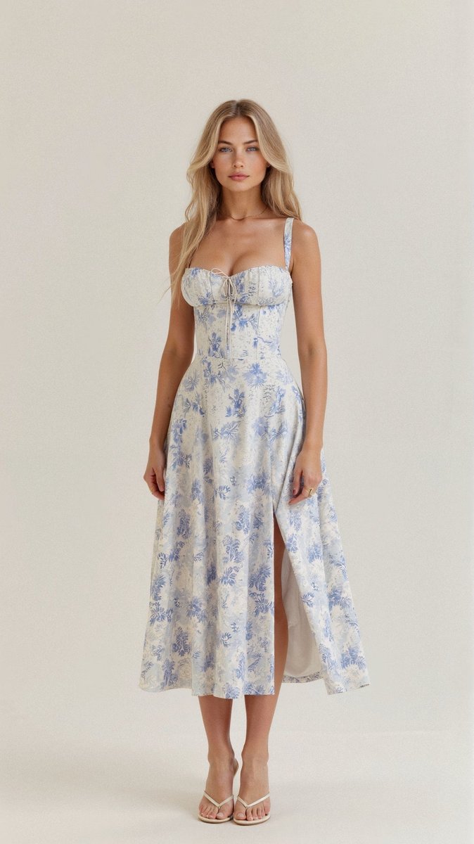 Women's Sweetheart-Neck A-Line Fall Midi Dress Corset Bodice