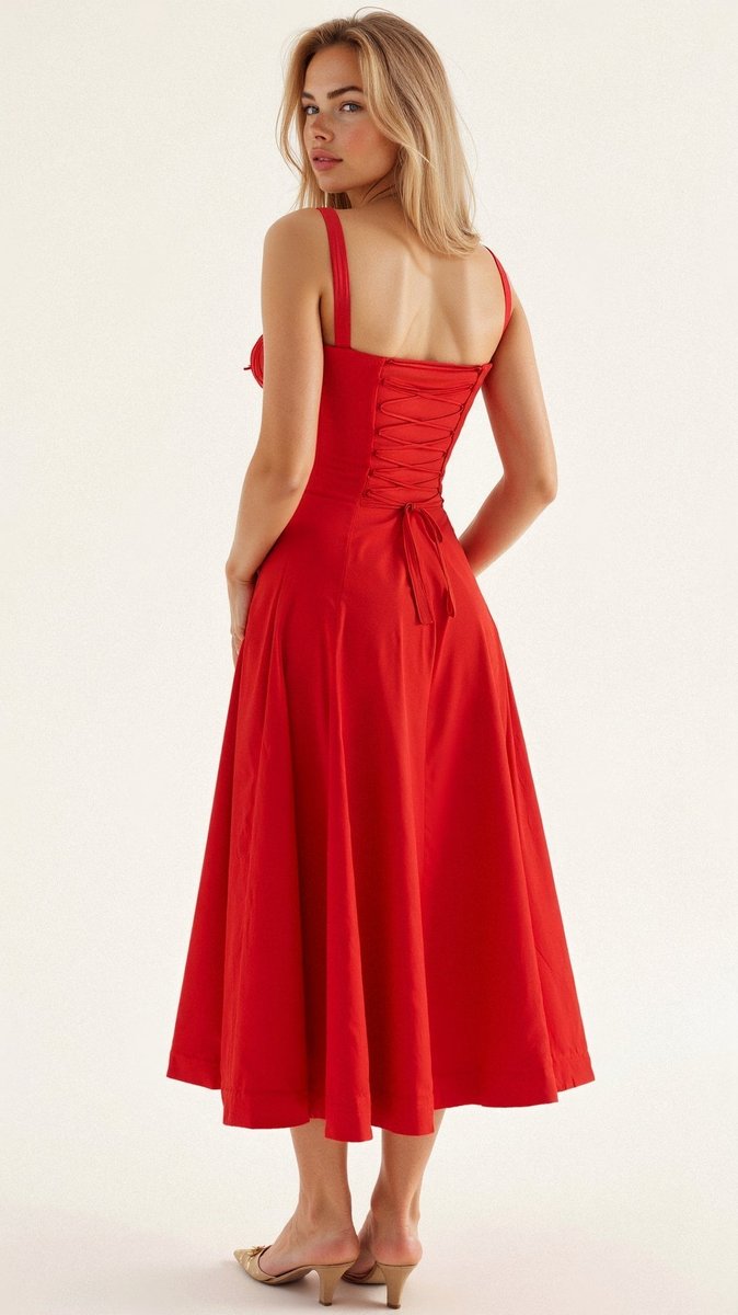 Women's Sweetheart-Neck A-Line Fall Midi Dress Corset Bodice