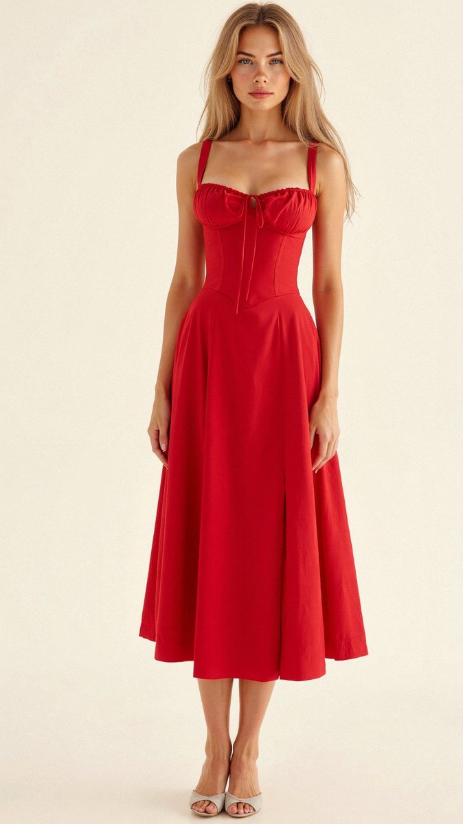 Women's Sweetheart-Neck A-Line Fall Midi Dress Corset Bodice