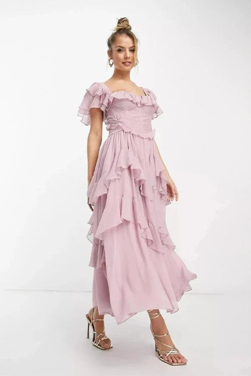 Women's Sweetheart Off-Shoulder Ruffled Tiered Midi Formal Dress