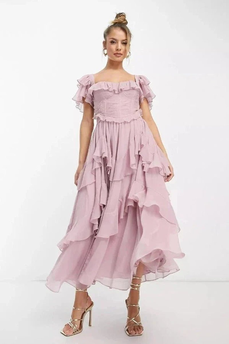 Women's Sweetheart Off-Shoulder Ruffled Tiered Midi Formal Dress