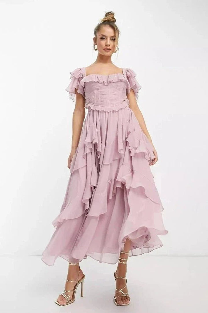 Women's Sweetheart Off-Shoulder Ruffled Tiered Midi Formal Dress