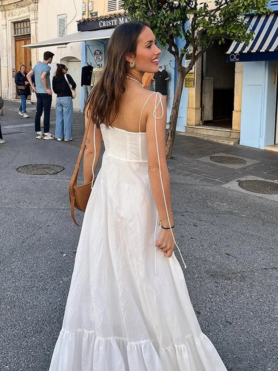 Women's Sweetheart Tie-Strap Fall Midi Dress Ruffled Hem