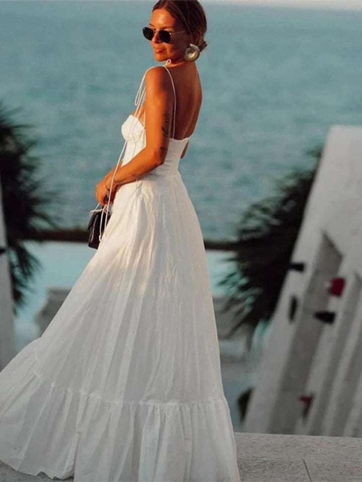 Women's Sweetheart Tie-Strap Fall Midi Dress Ruffled Hem