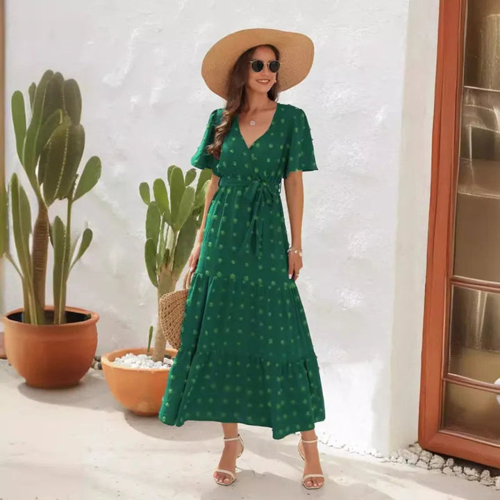 Women's Swiss Dot A-Line Fall Midi Dress Short Sleeve