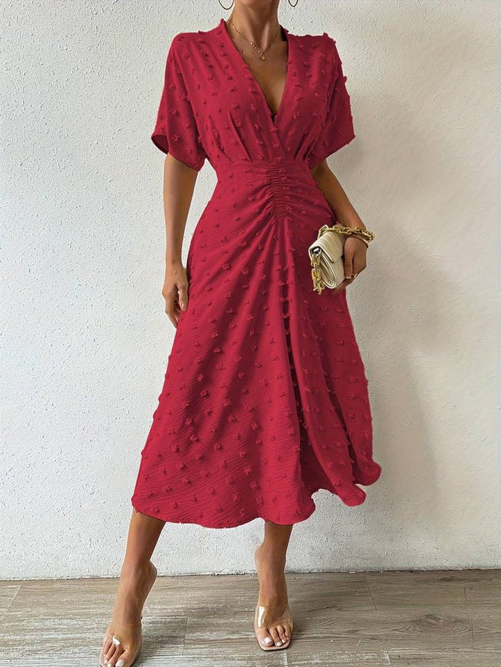 Women's Swiss Dot A-Line Fall Midi Dress Short Sleeve