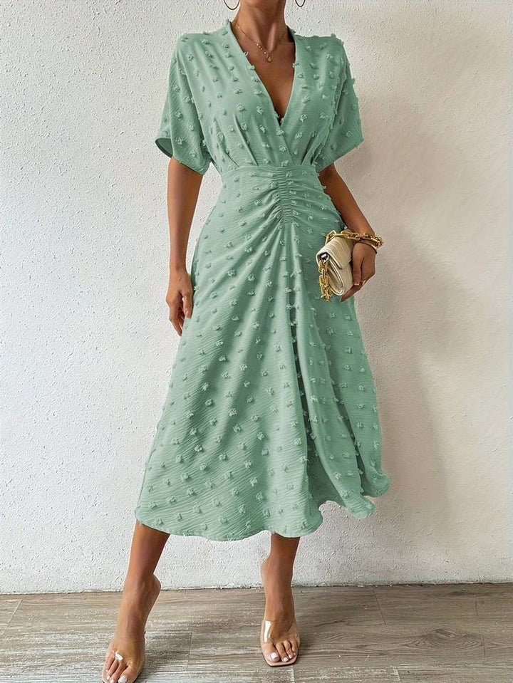 Women's Swiss Dot A-Line Fall Midi Dress Short Sleeve