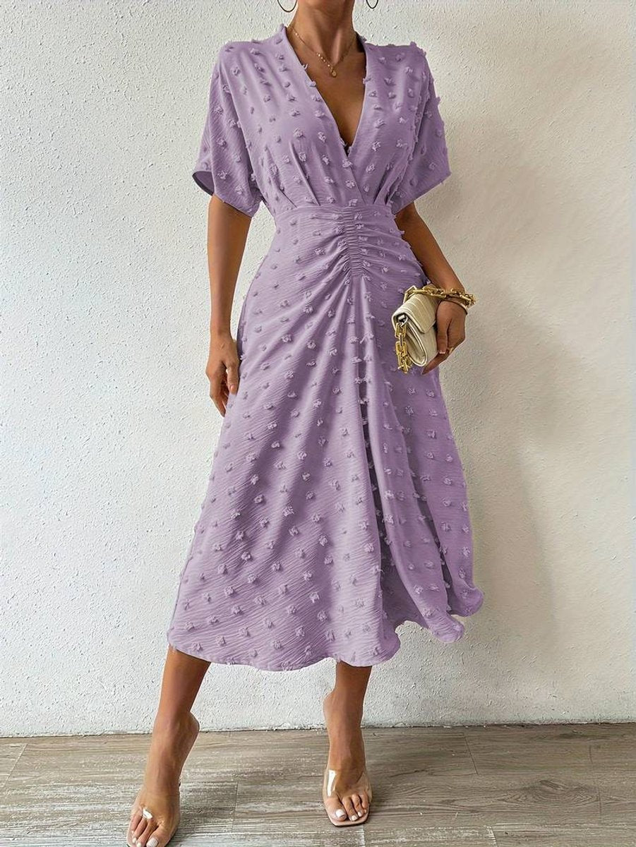 Women's Swiss Dot A-Line Fall Midi Dress Short Sleeve