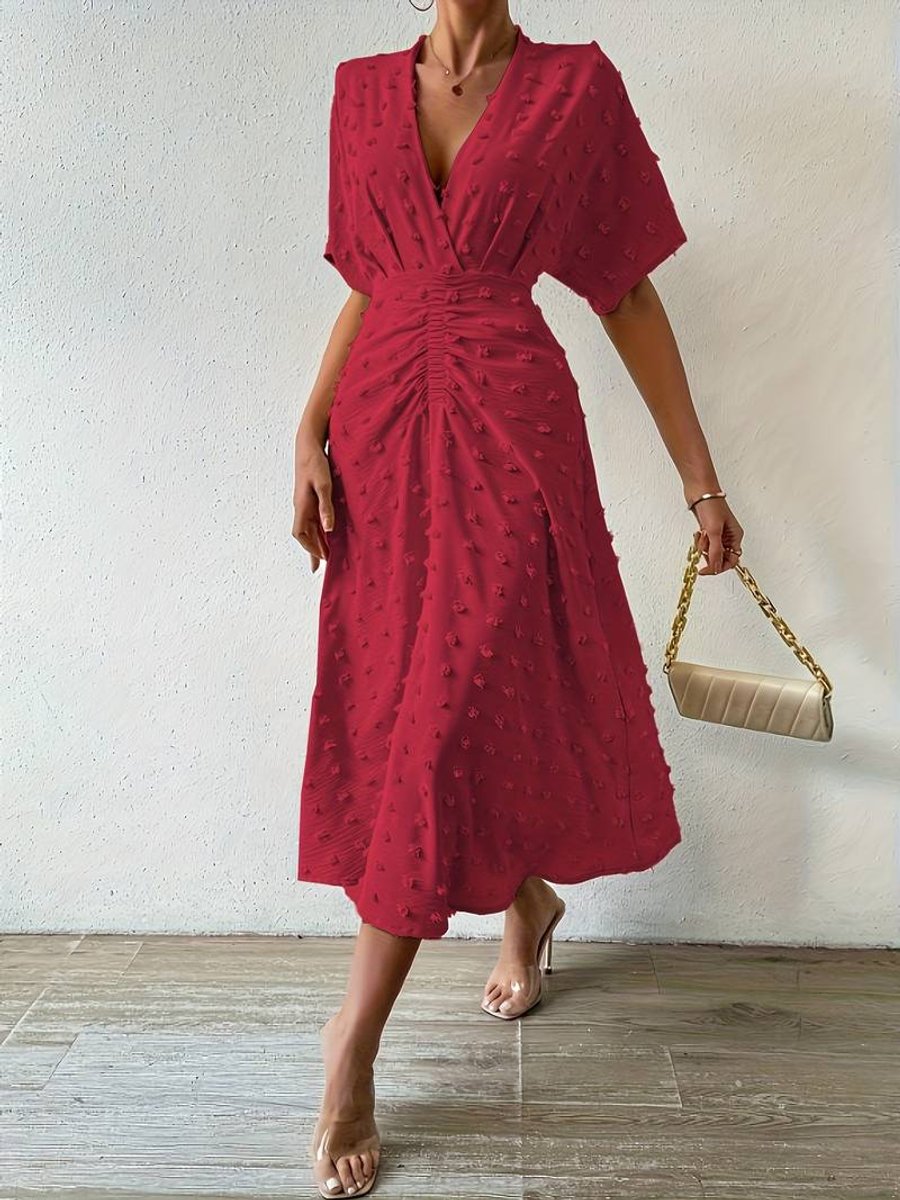 Women's Swiss Dot A-Line Fall Midi Dress Short Sleeve